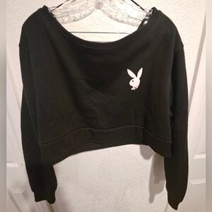 PLAYBOY Black Off The Sholder Cropped Sweatshirt with White Logo